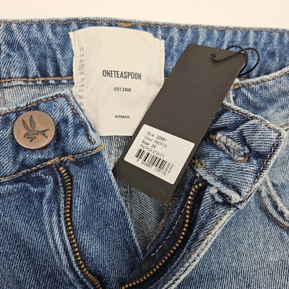 New One Teaspoon Pacifica Stevies Denim Shorts Womens 25 Blue Long Length